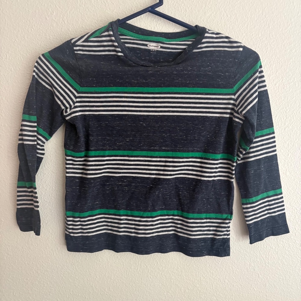 Old Navy Boys Small 6-7 Striped Long Sleeve Tee Navy Blue Green White Slub Knit